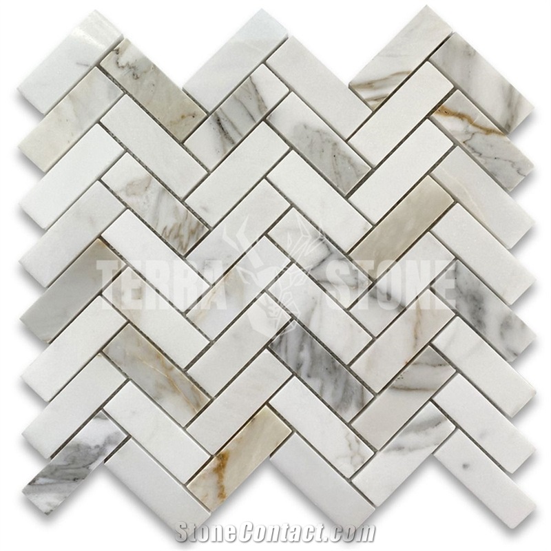 Calacatta Gold Marble 1X3 Herringbone Mosaic Tile Polished