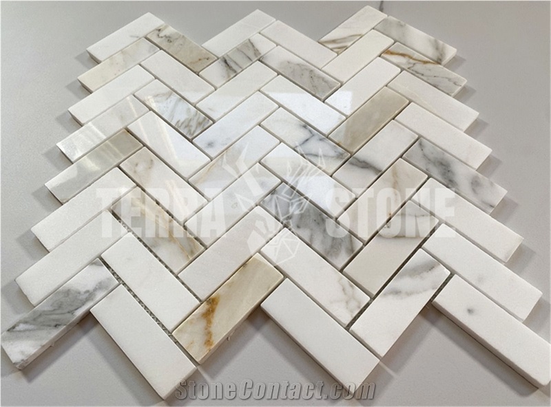 Calacatta Gold Marble 1X3 Herringbone Mosaic Tile Polished