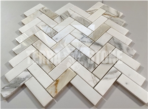 Calacatta Gold Marble 1X3 Herringbone Mosaic Tile Polished