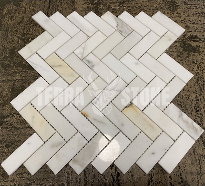 Calacatta Gold Marble 1X3 Herringbone Mosaic Tile Polished