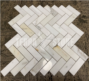 Calacatta Gold Marble 1X3 Herringbone Mosaic Tile Polished