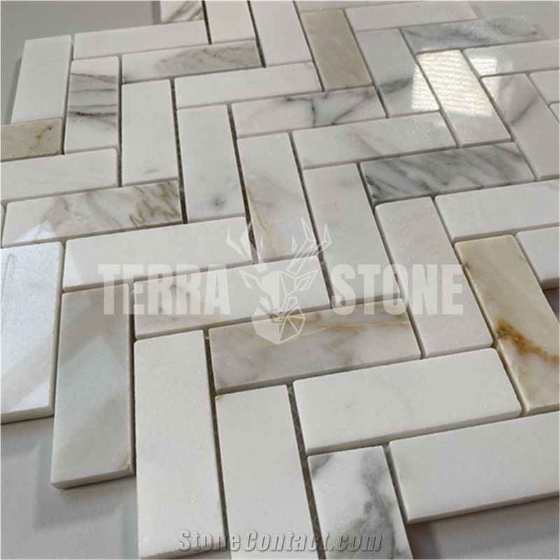 Calacatta Gold Marble 1X3 Herringbone Mosaic Tile Polished