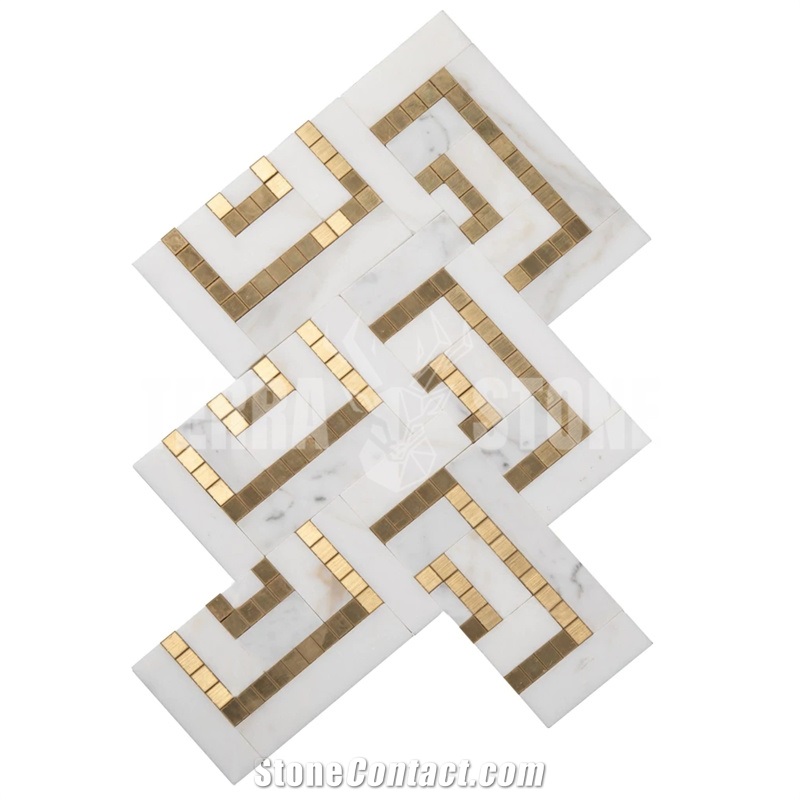 Calacatta Marble With Gold Metal Mosaic Tile In Herringbone