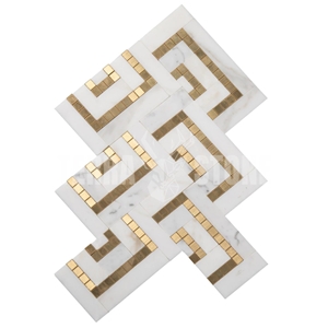 Calacatta Marble With Gold Metal Mosaic Tile In Herringbone
