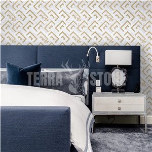 Calacatta Marble With Gold Metal Mosaic Tile In Herringbone