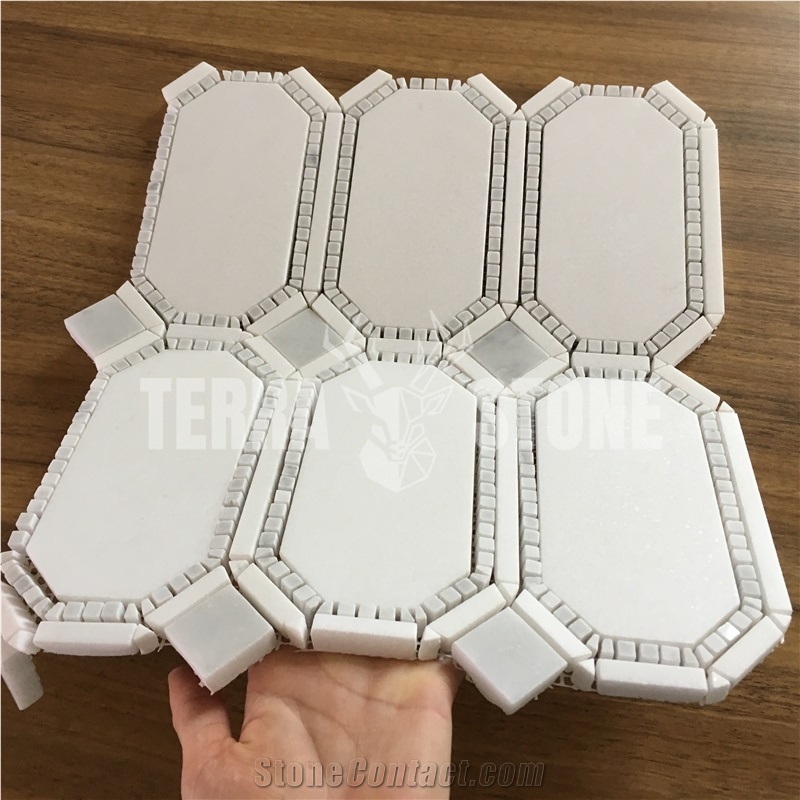 Carrara Marble Chipped Mosaic Hexagon Waterjet Tile