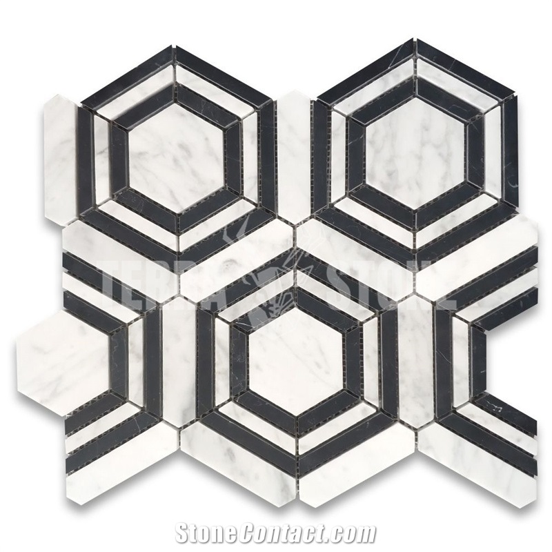 Carrara White Marble Hexagon Georama Geometric Mosaic Tile