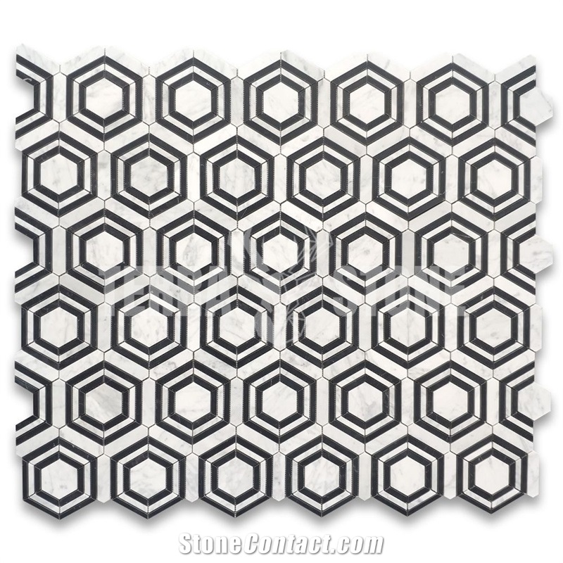 Carrara White Marble Hexagon Georama Geometric Mosaic Tile