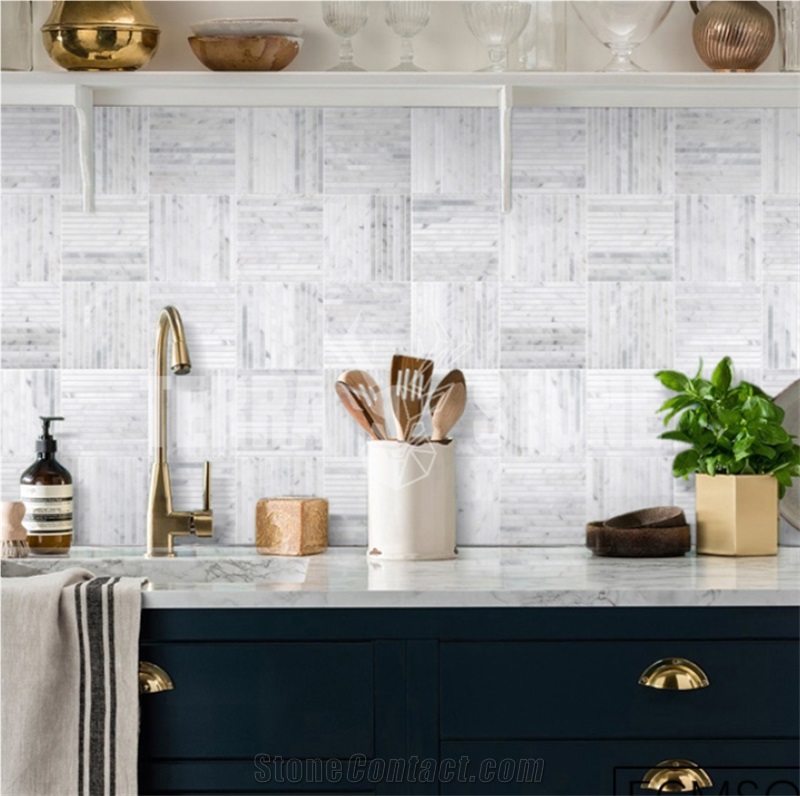 Carrara White Marble Mosaic Tiles Trips Pattern Backsplash