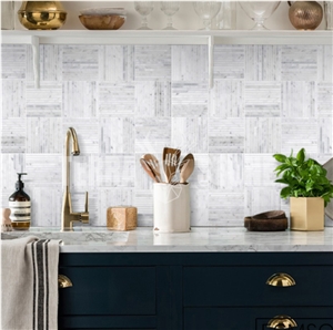 Carrara White Marble Mosaic Tiles Trips Pattern Backsplash
