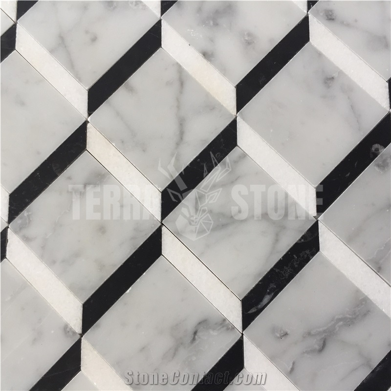 Carrara White Marble Square Waterjet Mosaic 3D Pattern Tile