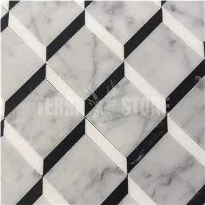 Carrara White Marble Square Waterjet Mosaic 3D Pattern Tile