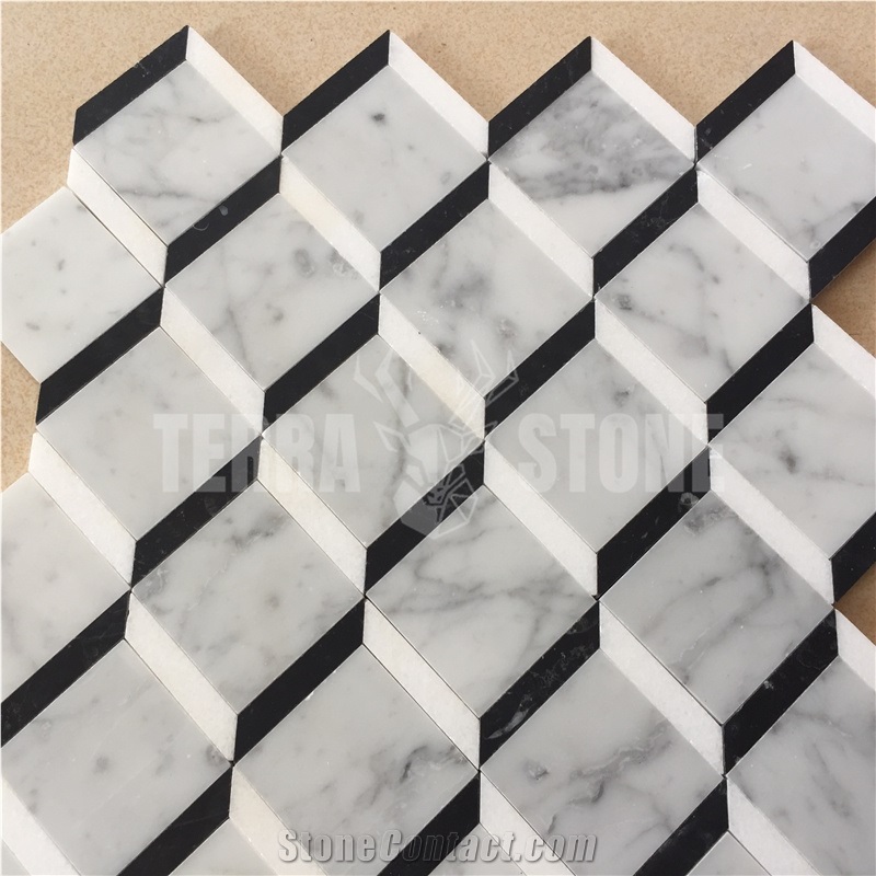 Carrara White Marble Square Waterjet Mosaic 3D Pattern Tile
