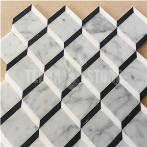 Carrara White Marble Square Waterjet Mosaic 3D Pattern Tile