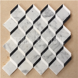 Carrara White Marble Square Waterjet Mosaic 3D Pattern Tile