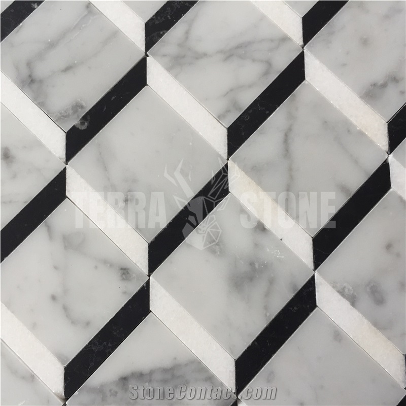 Carrara White Marble Square Waterjet Mosaic 3D Pattern Tile