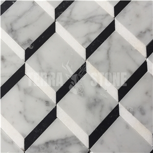 Carrara White Marble Square Waterjet Mosaic 3D Pattern Tile