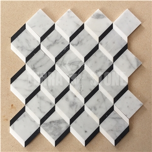 Carrara White Marble Square Waterjet Mosaic 3D Pattern Tile