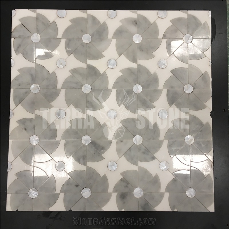 Carrara White Marble Waterjet Mosaic Mother Pearl Shell Tile