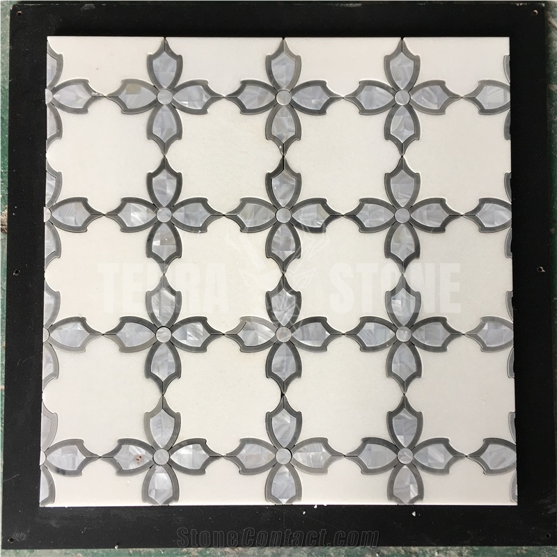 Carrara White Marble Waterjet Mosaic Mother Pearl Shell Tile