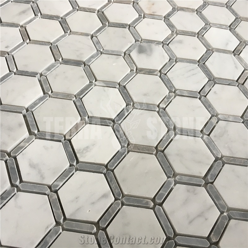 Carrara White With Grey Marble Frame Hexagon Mosaic Tile