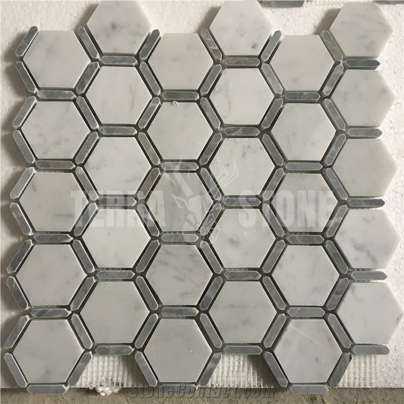 Carrara White With Grey Marble Frame Hexagon Mosaic Tile