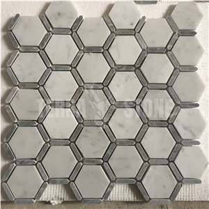 Carrara White With Grey Marble Frame Hexagon Mosaic Tile