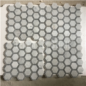 Carrara White With Grey Marble Frame Hexagon Mosaic Tile