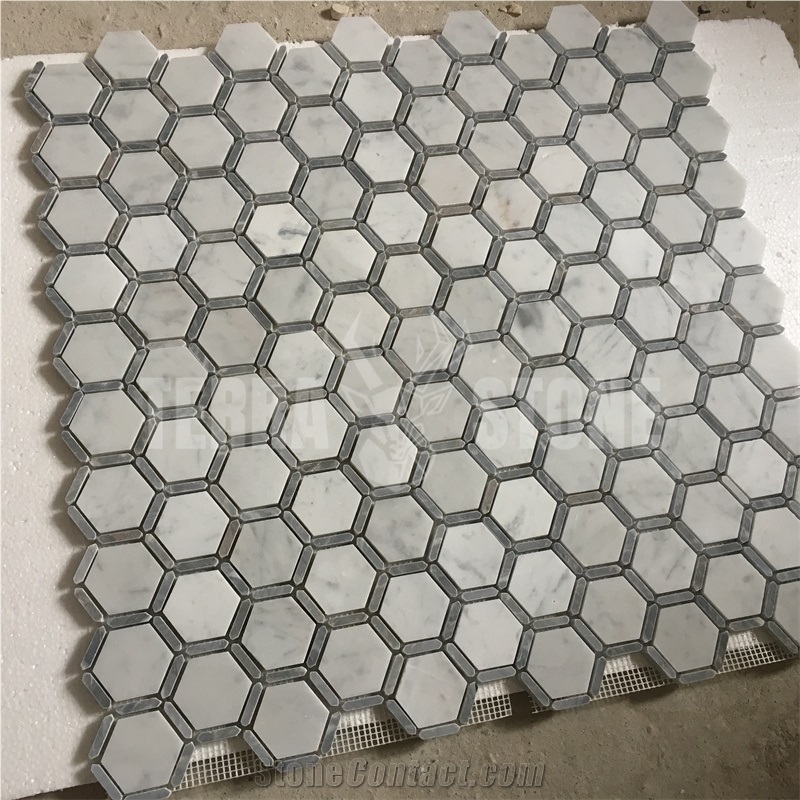 Carrara White With Grey Marble Frame Hexagon Mosaic Tile