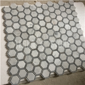Carrara White With Grey Marble Frame Hexagon Mosaic Tile