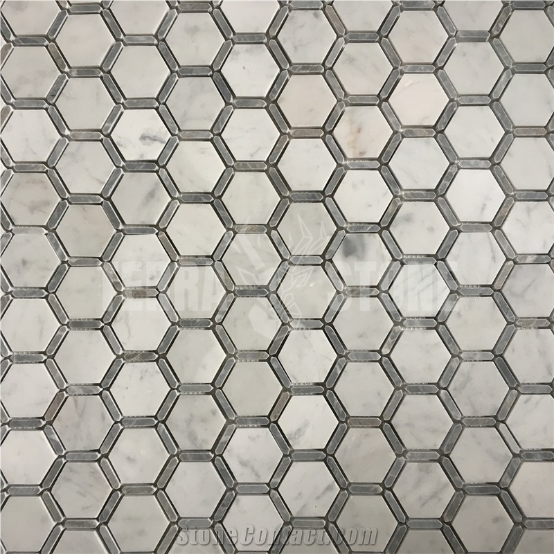 Carrara White With Grey Marble Frame Hexagon Mosaic Tile
