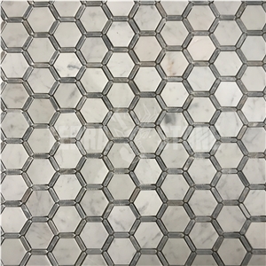 Carrara White With Grey Marble Frame Hexagon Mosaic Tile