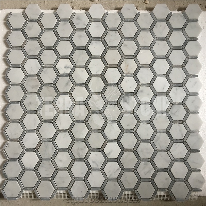 Carrara White With Grey Marble Frame Hexagon Mosaic Tile