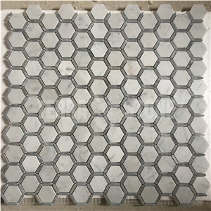 Carrara White With Grey Marble Frame Hexagon Mosaic Tile