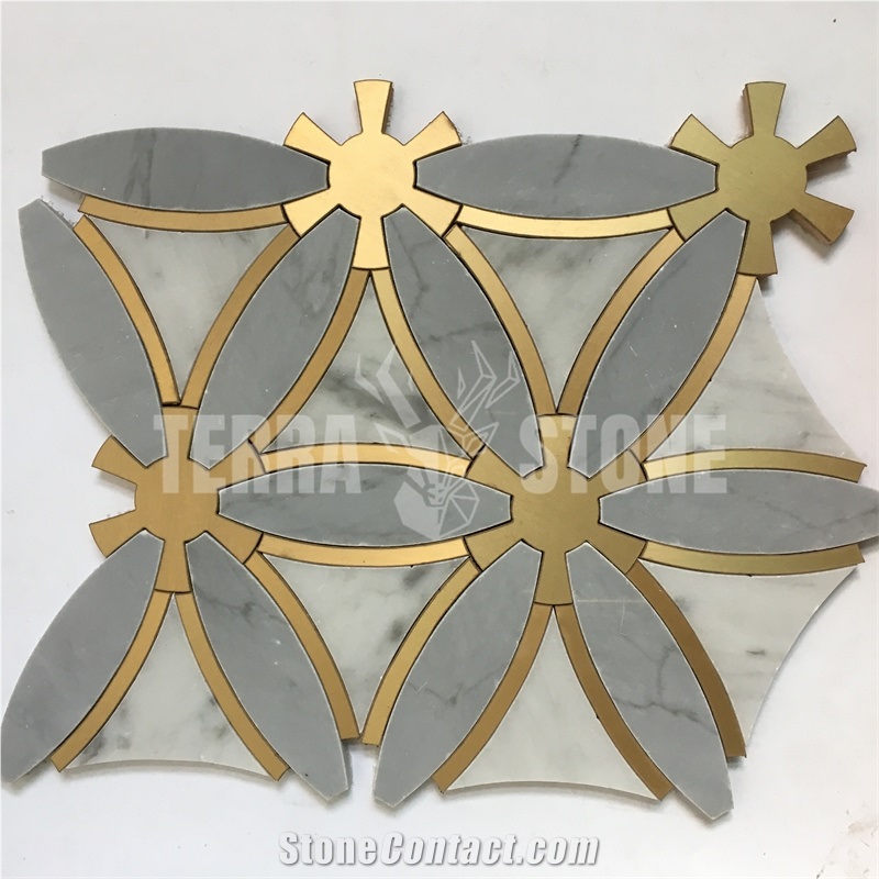 Classic Tile Water Jet Brass Inlay Marble Mosaic Tile