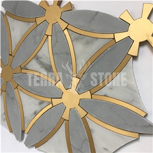 Classic Tile Water Jet Brass Inlay Marble Mosaic Tile