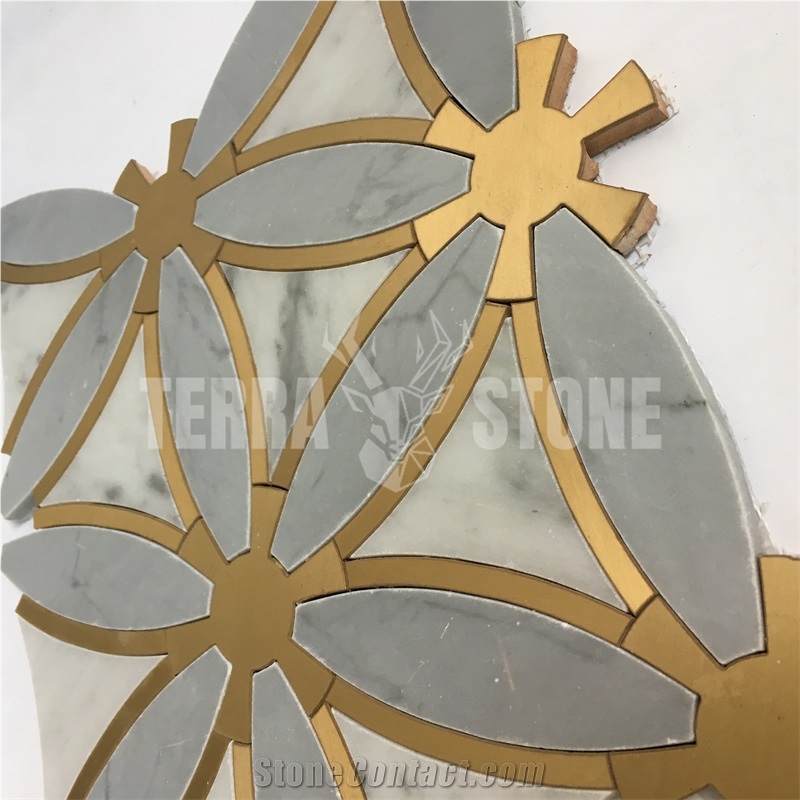 Classic Tile Water Jet Brass Inlay Marble Mosaic Tile