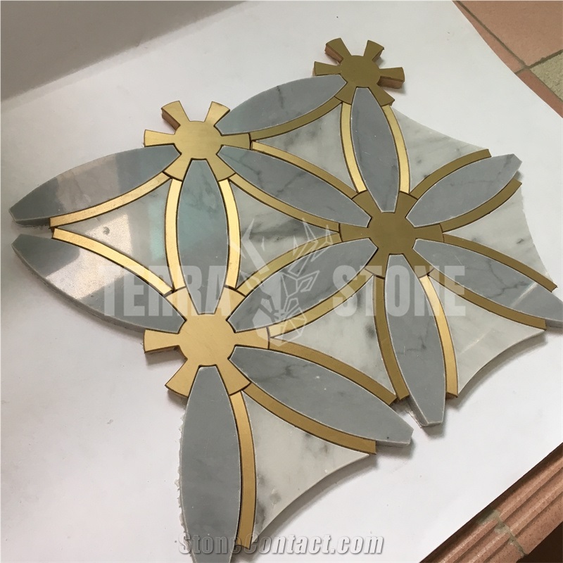 Classic Tile Water Jet Brass Inlay Marble Mosaic Tile