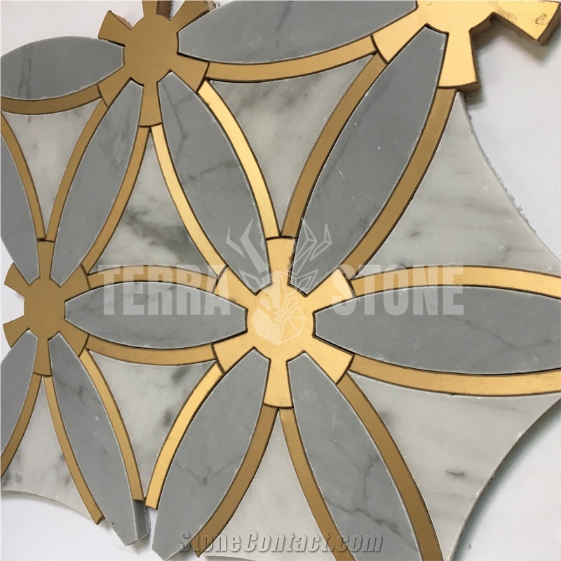 Classic Tile Water Jet Brass Inlay Marble Mosaic Tile