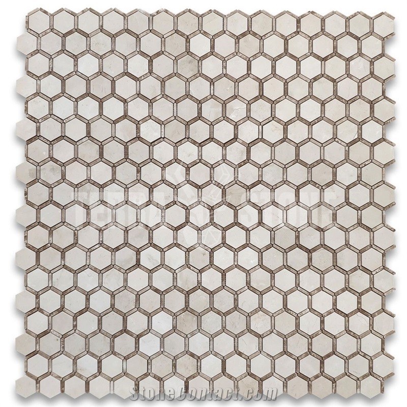 Crema Marfil Marble 2 Inch Hexagon Mosaic Tile Emperador