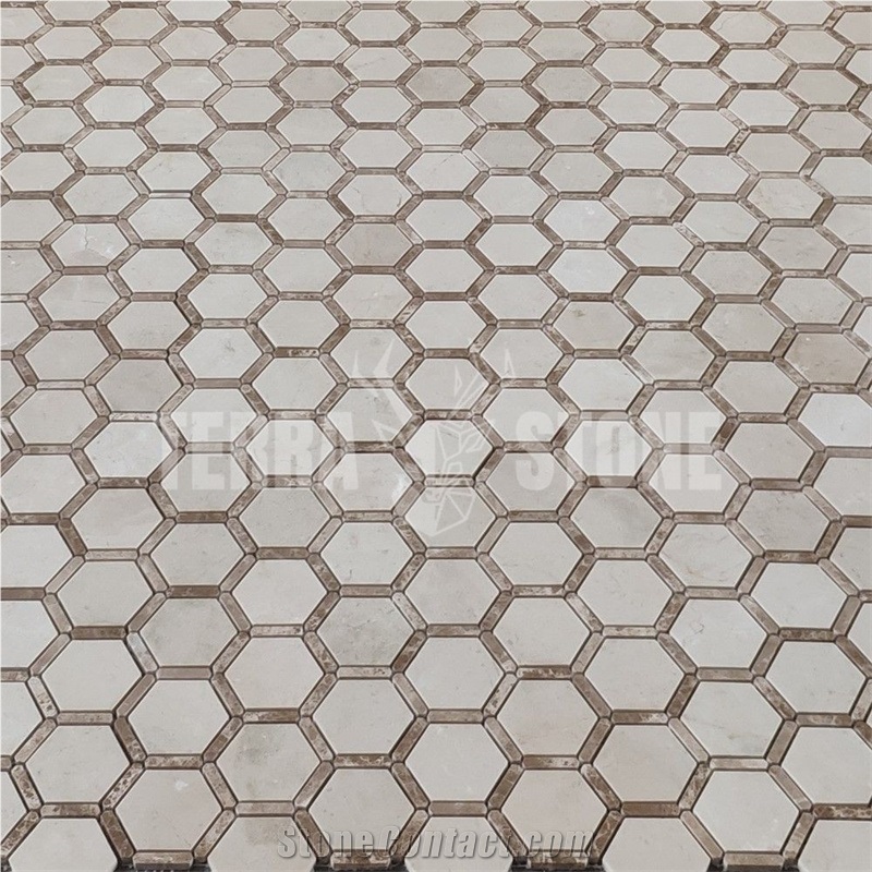 Crema Marfil Marble 2 Inch Hexagon Mosaic Tile Emperador