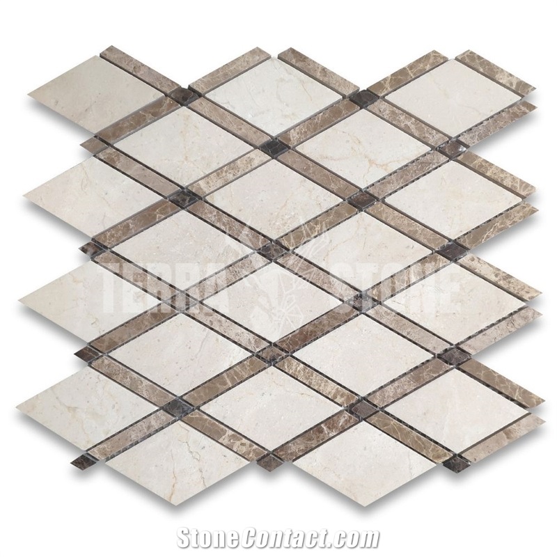 Crema Marfil Marble Diamond Lattice Mosaic Tile Waterjet