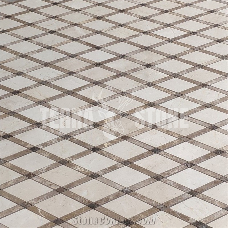 Crema Marfil Marble Diamond Lattice Mosaic Tile Waterjet