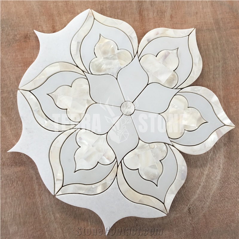 Floral Design Waterjet White Marble Pearl Shell Mosaic Tile