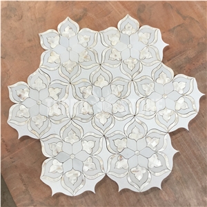Floral Design Waterjet White Marble Pearl Shell Mosaic Tile