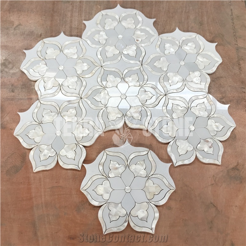 Floral Design Waterjet White Marble Pearl Shell Mosaic Tile