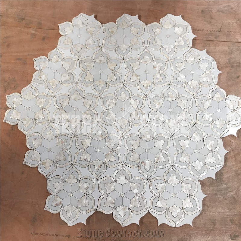 Floral Design Waterjet White Marble Pearl Shell Mosaic Tile