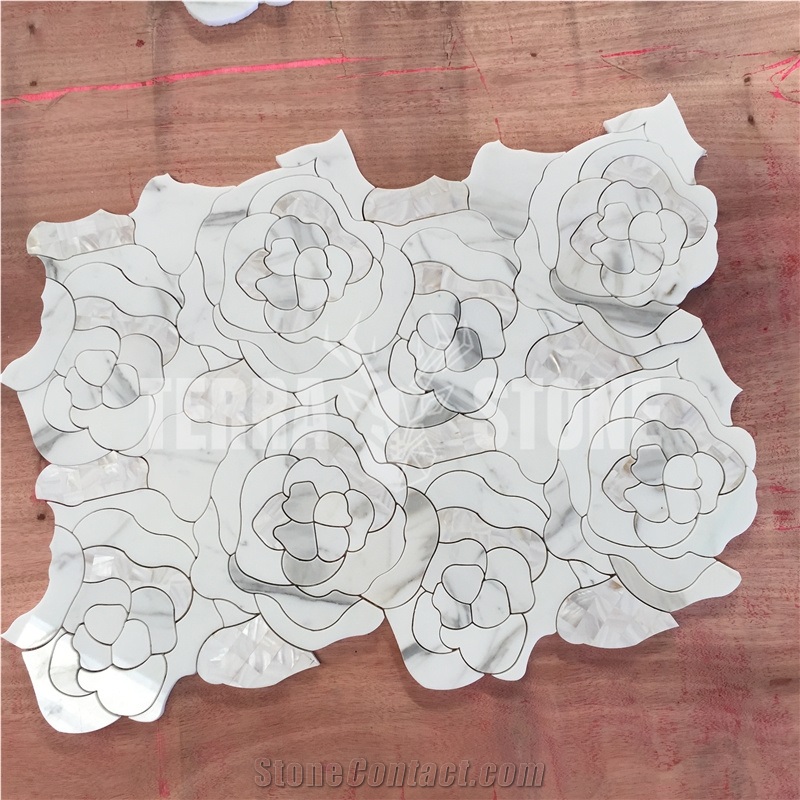 Flower Design Marble Waterjet Tile White Shell Mosaic