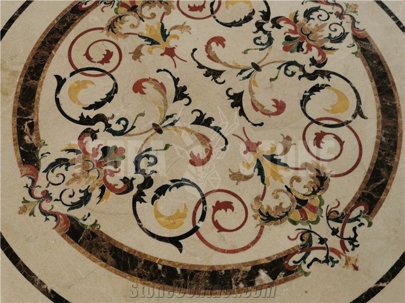 Garden Emperador Rojo Marble Medallion Inlay Waterjet Art