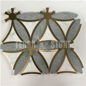 Golden Metal Brass Inlay Water Jet Marble Mosaic